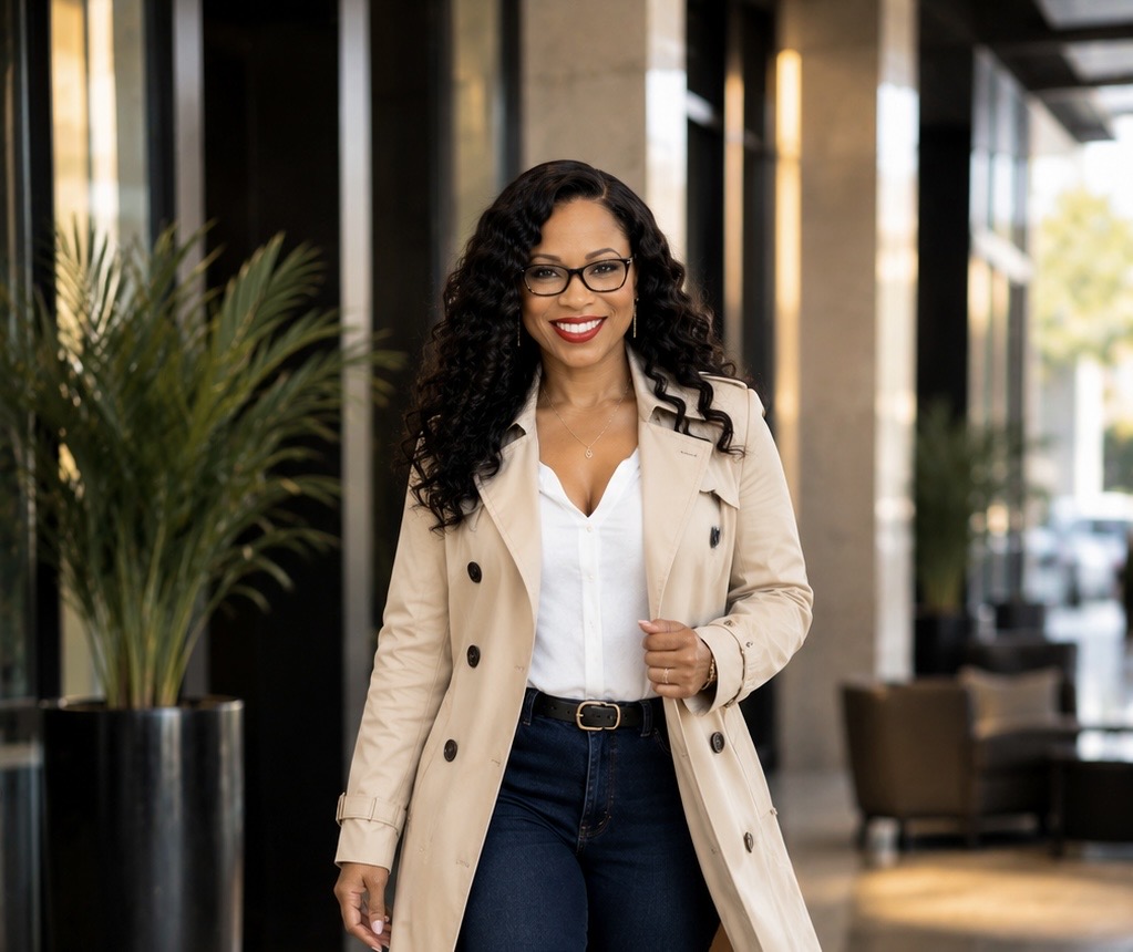 Dr. Alisa Whyte in a tailored coat in a professional lobby