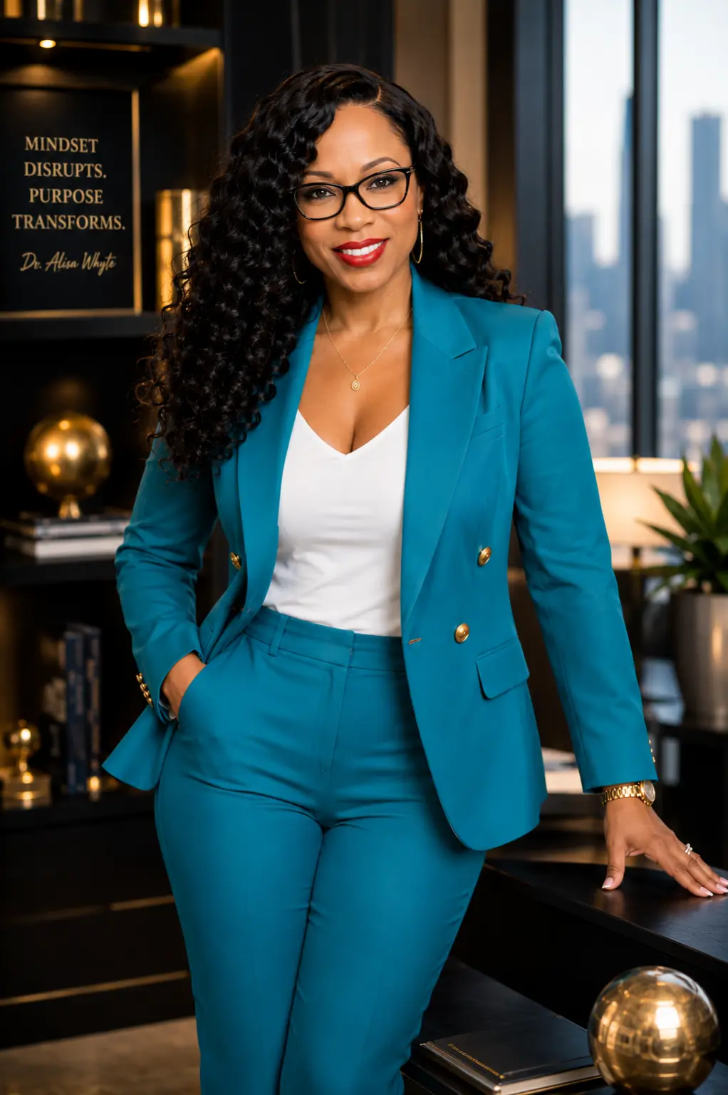 Dr. Alisa Whyte in a teal suit in her office, beside a sign reading Mindset Disrupts. Purpose Transforms.