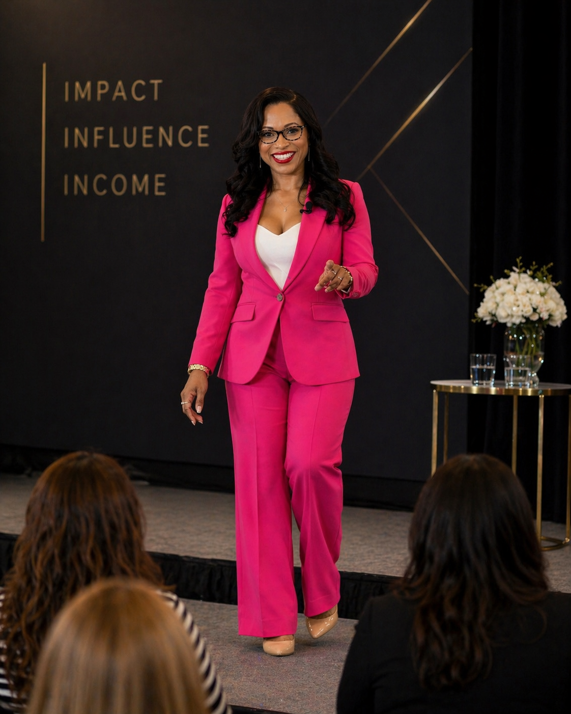 Dr. Alisa Whyte speaking to an audience in a pink suit