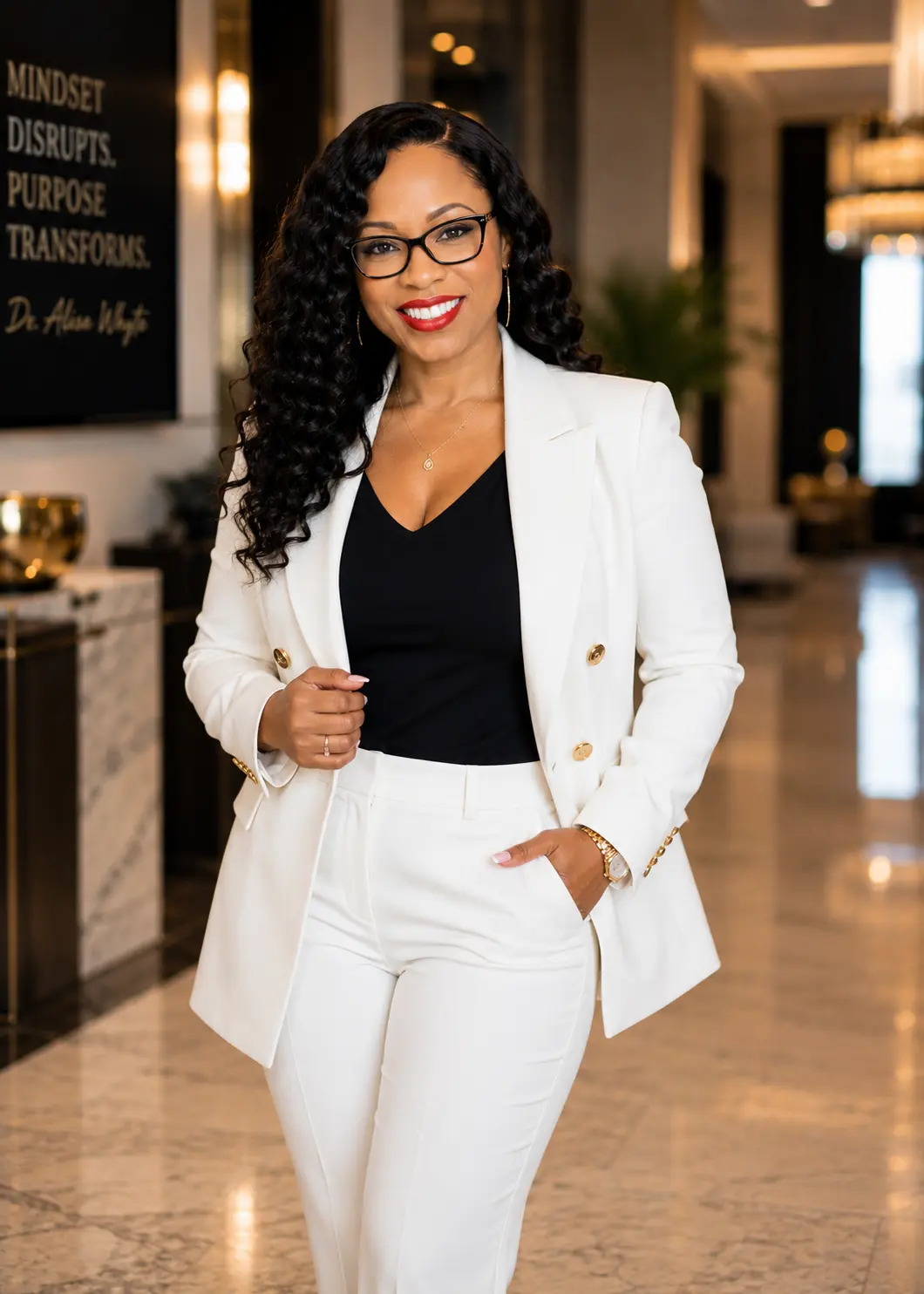 Dr. Alisa Whyte in a white suit, standing in the Mindset Mastery Moments lobby